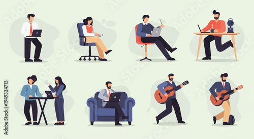 Diverse individuals engaged in various activities, from work to leisure