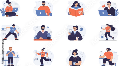 Diverse individuals engage in various activities, from working to exercising