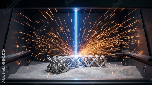 Laser Melting Titanium Powder in Industrial Metal 3D Printer. Represents additive manufacturing, aerospace engineering, and Industry 4.0.