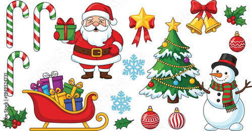 Christmas holiday elements collection with Santa Claus tree snowman gifts candy cane and decorations vector illustration set