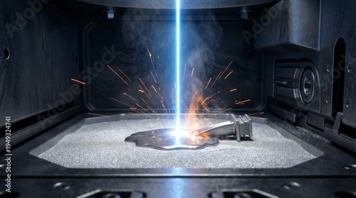 Laser Melting Titanium Powder in Industrial Metal 3D Printer. Represents additive manufacturing, aerospace engineering, and Industry 4.0.