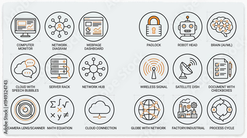 Technology Data Communication Vector Icon Set Featuring Computer Monitor, Network Nodes, Webpage Layout, Security Padlock, Cloud Chat, Server Rack, Wi-Fi Signal, Satellite Dish, Globe, Industrial 