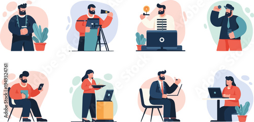 Diverse individuals engage in various activities including work and leisure