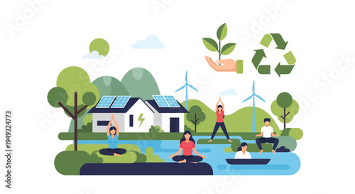 Sustainable Living & Green Energy: People Practice Yoga and Mindfulness in Nature with Solar Homes, Wind Turbines & Recycling for Eco-Friendly Well-being