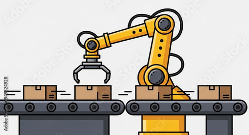 Automated Robotic Arm Working on a Conveyor Belt with Boxes.