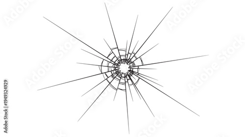 Glass spiderweb crack pattern with sharp radiating lines and concentric circles on a white background.