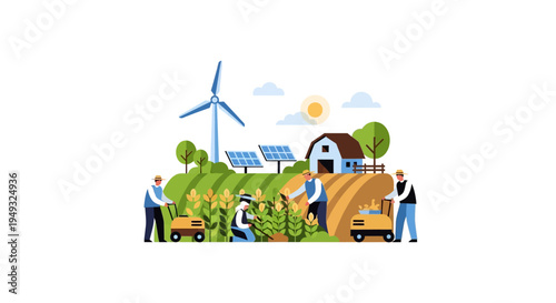 Sustainable Agriculture with Renewable Energy: Farmers Working in Fields with Solar Panels, Wind Turbine & Farmhouse