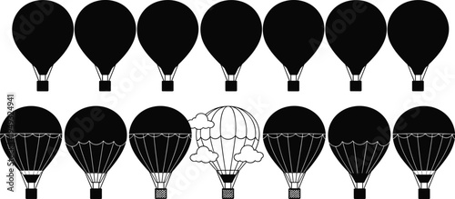 Hot air balloon silhouette collection featuring flying travel balloons isolated for aviation adventure, tourism and transportation illustration set