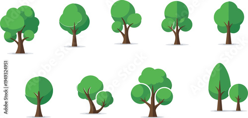Cartoon trees with green leaves and brown trunks on white background