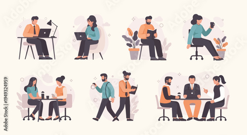 Diverse group of professionals in various work and meeting scenarios