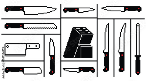 A set of various kitchen knives and a block are depicted in a black and white pixel art style.
