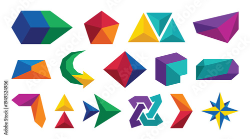 A diverse set of colorful, abstract geometric shapes and logos is displayed on a white background.