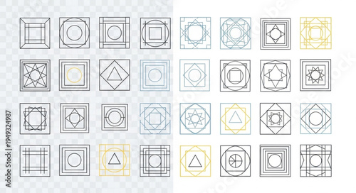 Collection of Geometric Shapes and Patterns in Square Frames.