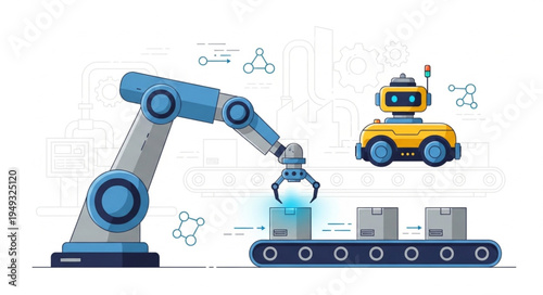 Robotic arm and autonomous robot in factory setting.