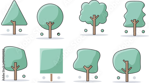 Cartoon trees with different shaped leaves and brown trunks on white background