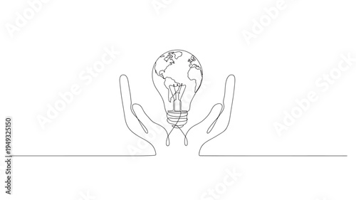 Light bulb with planet Earth in glass held by cupped hands in continuous line drawing art, concept of global ideas and innovation