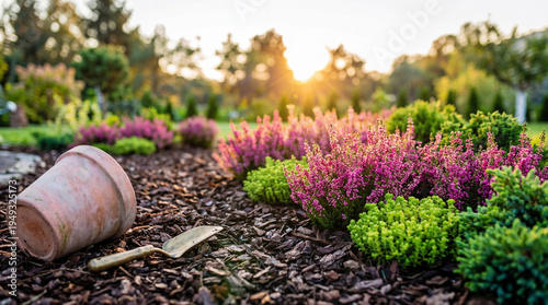 A serene garden landscape with colorful heather plants, a fallen pot, and a trowel at sunset.