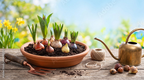 Spring flower bulbs with green shoots planted in a terracotta pot on a rustic wooden table with essential gardening.
