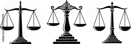 Justice scale silhouette collection symbolizing law, legal balance, courtroom authority and judicial system concept isolated for legal design