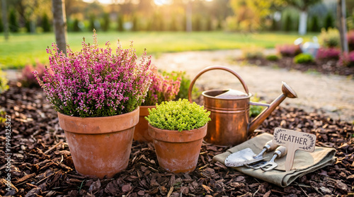 Konstfotografi Beautiful potted heather plants and essential gardening tools illuminated by warm golden hour sunlight