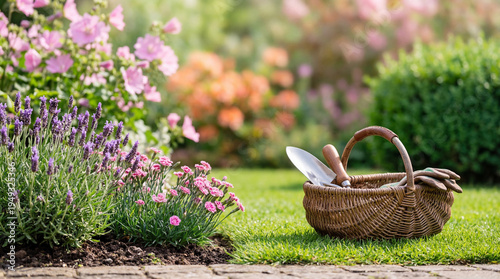 Εκτύπωση καμβά A vibrant photograph capturing a wicker gardening basket filled with essential tools