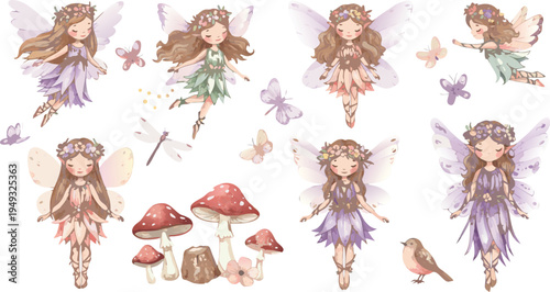 Whimsical watercolor fairy illustrations with mushrooms and insects