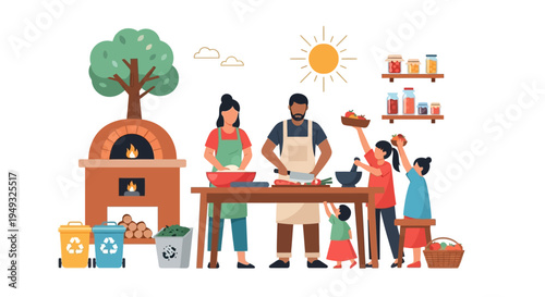 Happy Family Cooking Outdoors: Preparing Healthy Meals with Traditional Oven, Fresh Produce, and Sustainable Living Practices