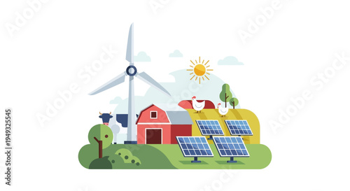 Eco-Friendly Sustainable Farm with Wind Power, Solar Energy, and Livestock