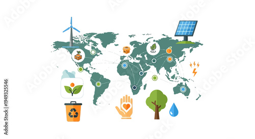 Global Sustainability Network with World Map, Renewable Energy, and Eco-Friendly Resource Management Icons. Environmental Protection Concept.