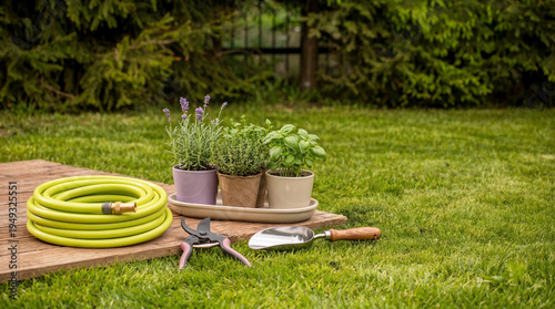 Essential gardening supplies including a coiled hose, pruning shears, and potted herbs, set on a wooden board.