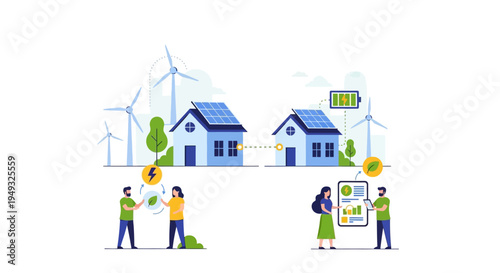 Smart Grid Renewable Energy Concept: Solar Powered Homes, Wind Turbines & Eco-Friendly Energy Sharing with Digital Management