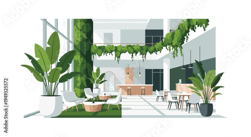 Bright Modern Biophilic Interior Design with Lush Plants, Cafe Seating, and Natural Light