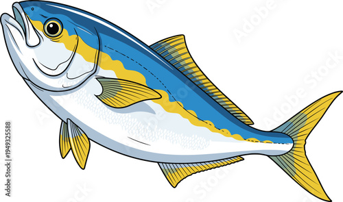 Blue and yellow fish marine sea animal detailed aquatic wildlife cartoon vector illustration