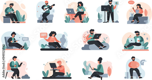 Diverse individuals engaged in remote work and leisure activities
