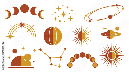 A set of mystical celestial icons, including moon phases, stars, and planets, is depicted in a warm, bohemian art style.