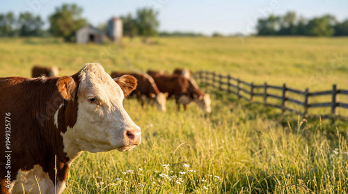 Fotografie Close-up of a gentle Hereford cow in golden morning light amidst tall grass, other cattle grazing nearby, a photograph
