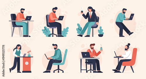 Diverse individuals engaged in remote work and office tasks on laptops