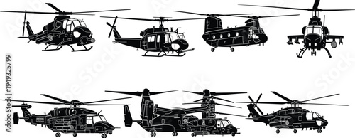 Military helicopter silhouette collection featuring combat, transport and rescue choppers isolated for aviation, defense and aircraft design