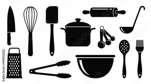 A collection of black silhouette kitchen tools and cookware icons is displayed on a clean white background.