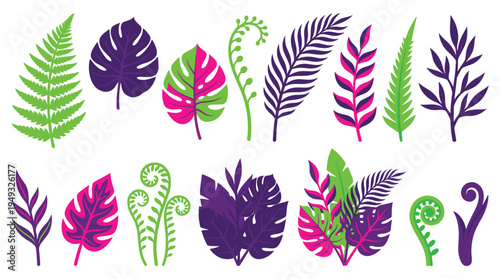 A set of colorful tropical leaves, including fern and monstera, is illustrated in a vibrant palette of neon green, pink, and purple.