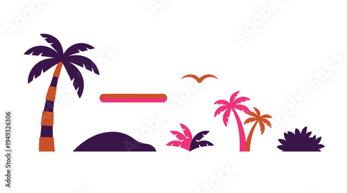 A minimalist and stylized set of tropical scene elements, including colorful palm trees and abstract shapes, is isolated on a white background.