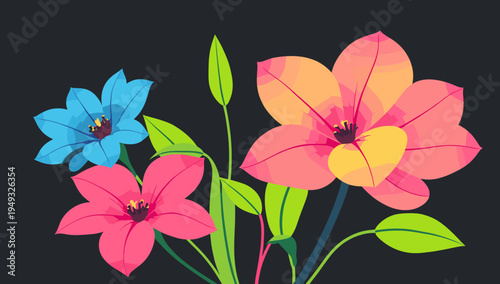 A vibrant and minimalist composition of stylized flowers in blue and pink against a dark background. Ideal for spring promotions, website backgrounds,
