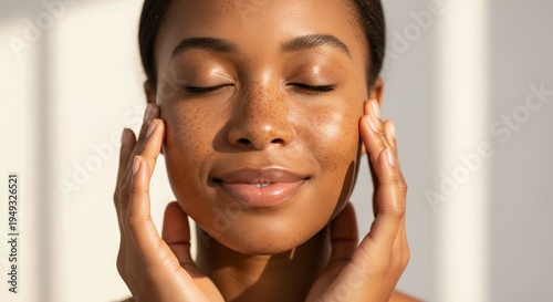 Relaxed Young Black Woman with Perfect Glowing Skin, Eyes Closed, Gently Touching Her Face. Self-Care, Beauty, and Wellness Concept in Natural Light