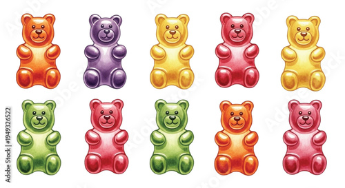 Watercolor Gummy Bear Candy Set Colorful Jelly Bears Sweet Confection Illustration