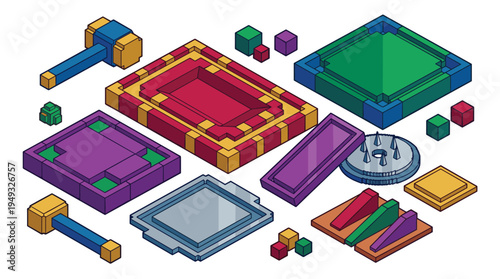 An assortment of colorful isometric pixel art objects resembling board game pieces and toy components on a white background.