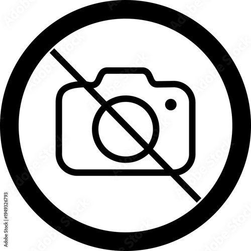 No photography icon prohibition camera symbol with forbidden photo sign, restricted picture rule pictogram for museum security and public place warning vector illustration