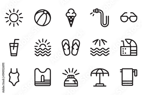 Summer Vacation and Outdoor Activity Line Icon Set with Sun Beach Ball and Travel Gear