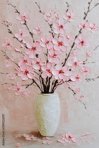Cherry blossom bouquet oil painting in vase