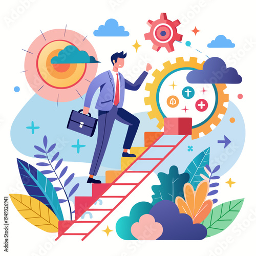 Businessman climbing stairs towards success achieving goals career growth professional development