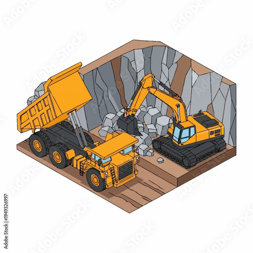 Heavy Construction Equipment Working in Quarry.